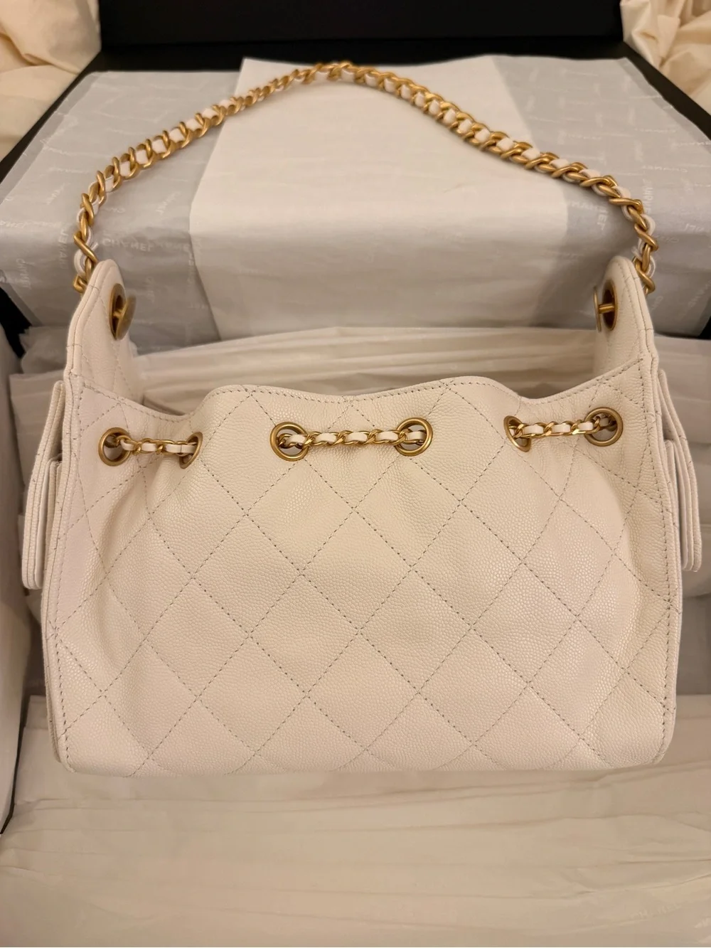 CHANEL 25 MINI BAG in White Caviar Leather with Gold Hardware BNIB